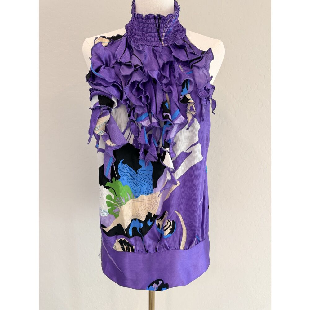 bebe Purple Floral Silk Ruffle Halter Top Smocked Waist NWT Size M
